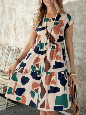 EMERY ROSE Women's Summer Geometric Pattern Print Round Neck Short-Sleeve Dress