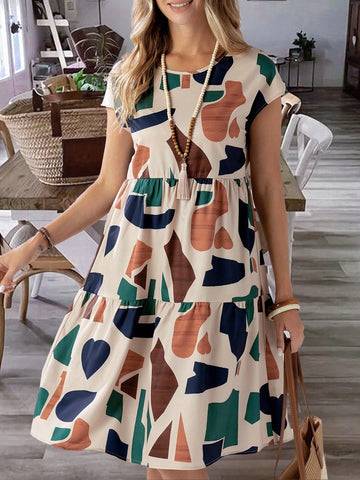 EMERY ROSE Women's Summer Geometric Pattern Print Round Neck Short-Sleeve Dress