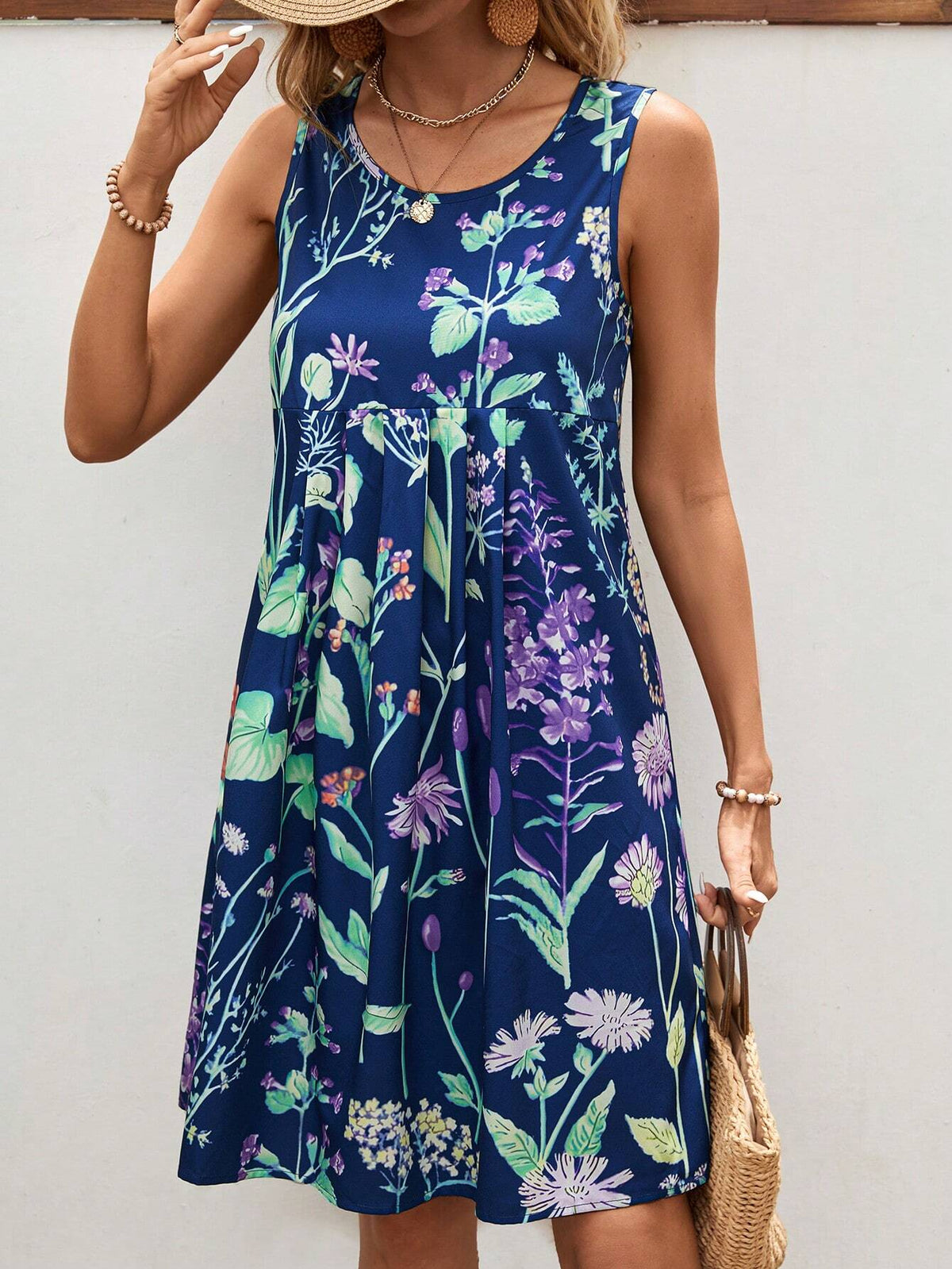 Women's Summer Holiday Casual Floral Printed Pleated Sleeveless Dress