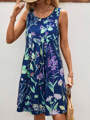 Women's Summer Holiday Casual Floral Printed Pleated Sleeveless Dress