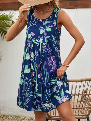 Women's Summer Holiday Casual Floral Printed Pleated Sleeveless Dress