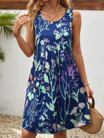 Women's Summer Holiday Casual Floral Printed Pleated Sleeveless Dress