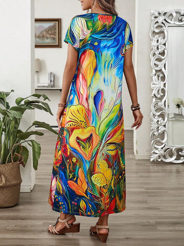 EMERY ROSE Women's Summer Holiday Casual Plant Printed Long Dress
