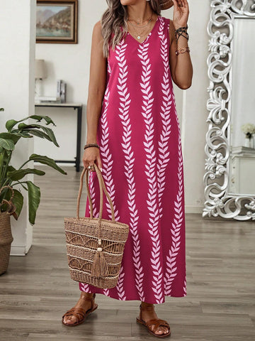 EMERY ROSE Women's Summer Holiday Casual Plant Printed Sleeveless Long Dress
