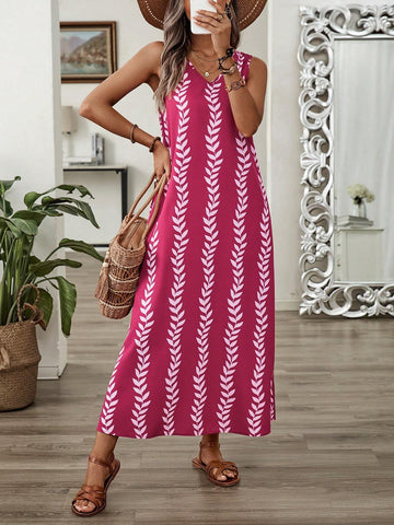 EMERY ROSE Women's Summer Holiday Casual Plant Printed Sleeveless Long Dress
