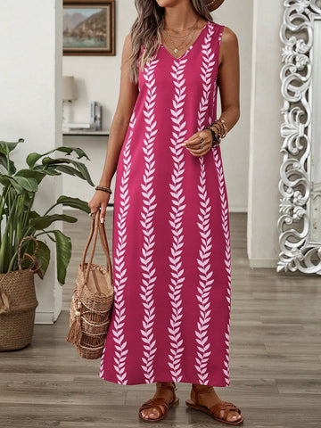 EMERY ROSE Women's Summer Holiday Casual Plant Printed Sleeveless Long Dress