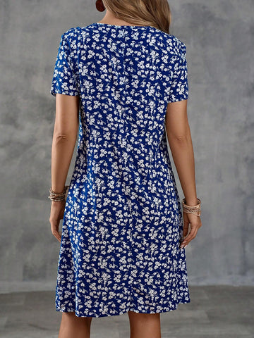Women's Summer Holiday Floral Printed Short Sleeve Casual Dress With Round Neck