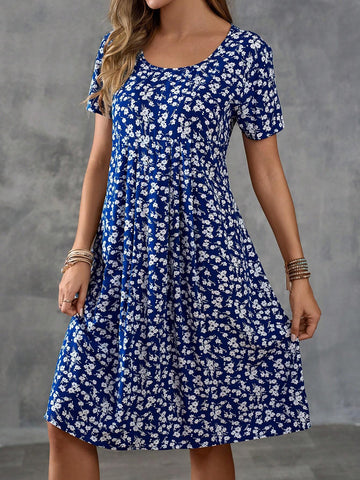 Women's Summer Holiday Floral Printed Short Sleeve Casual Dress With Round Neck