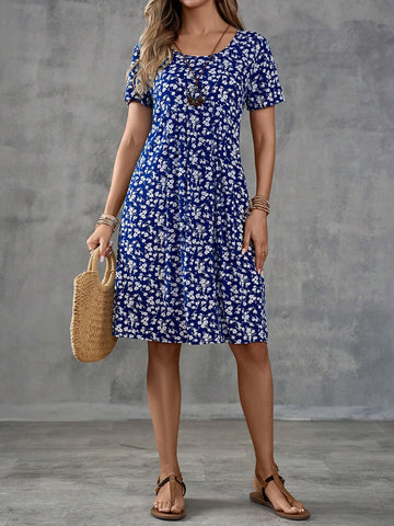 Women's Summer Holiday Floral Printed Short Sleeve Casual Dress With Round Neck