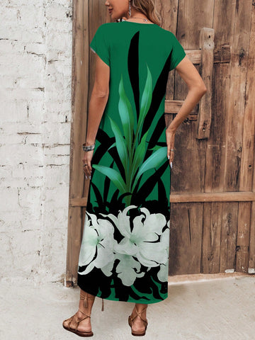 EMERY ROSE Women's Summer Holiday Green Floral Pattern Printed Maxi Dress