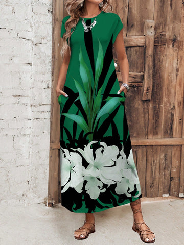 EMERY ROSE Women's Summer Holiday Green Floral Pattern Printed Maxi Dress