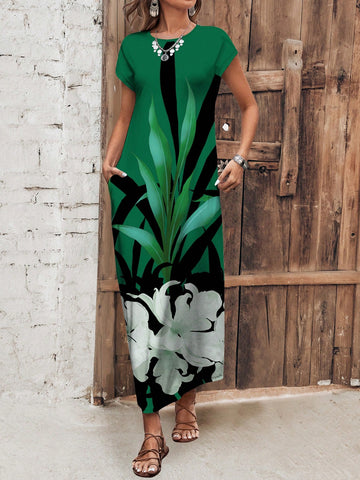 EMERY ROSE Women's Summer Holiday Green Floral Pattern Printed Maxi Dress