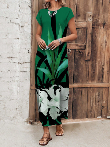 EMERY ROSE Women's Summer Holiday Green Floral Pattern Printed Maxi Dress