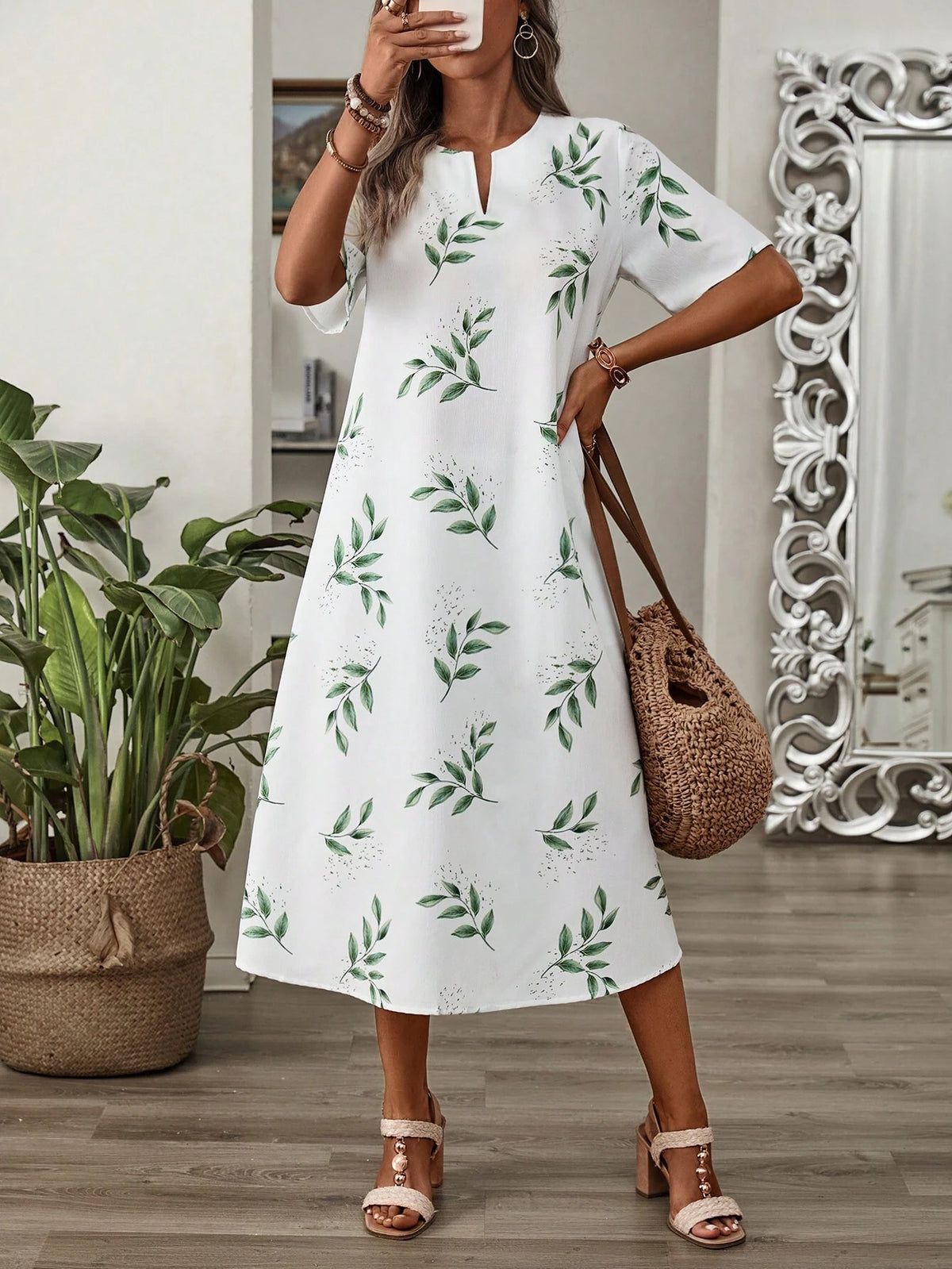 EMERY ROSE Women's Summer Holiday Leisure Plant Printed Short Sleeve Dress