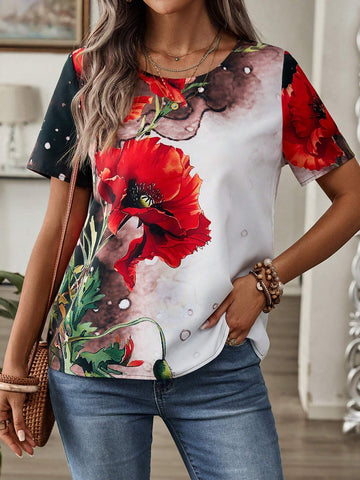 EMERY ROSE Women's Summer Large Floral Print Short-Sleeve Shirt
