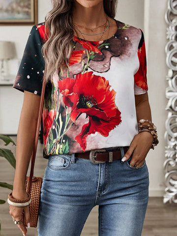 EMERY ROSE Women's Summer Large Floral Print Short-Sleeve Shirt