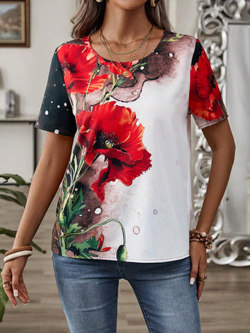 EMERY ROSE Women's Summer Large Floral Print Short-Sleeve Shirt