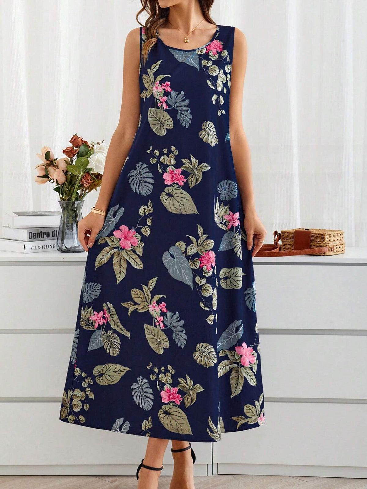 Women's Summer Long Floral Print Loose-Fitting Round Neck Short-Sleeve Dress