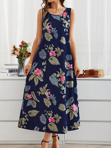 Women's Summer Long Floral Print Loose-Fitting Round Neck Short-Sleeve Dress