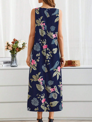 Women's Summer Long Floral Print Loose-Fitting Round Neck Short-Sleeve Dress