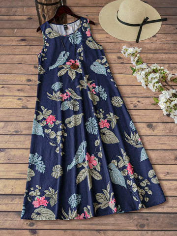 Women's Summer Long Floral Print Loose-Fitting Round Neck Short-Sleeve Dress