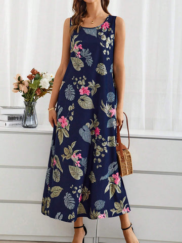 Women's Summer Long Floral Print Loose-Fitting Round Neck Short-Sleeve Dress