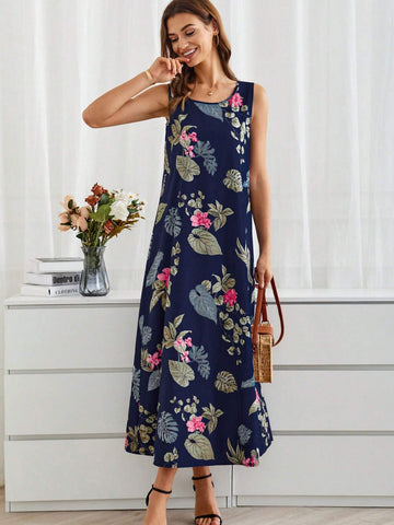 Women's Summer Long Floral Print Loose-Fitting Round Neck Short-Sleeve Dress