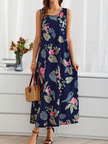Women's Summer Long Floral Print Loose-Fitting Round Neck Short-Sleeve Dress