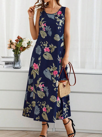 Women's Summer Long Floral Print Loose-Fitting Round Neck Short-Sleeve Dress