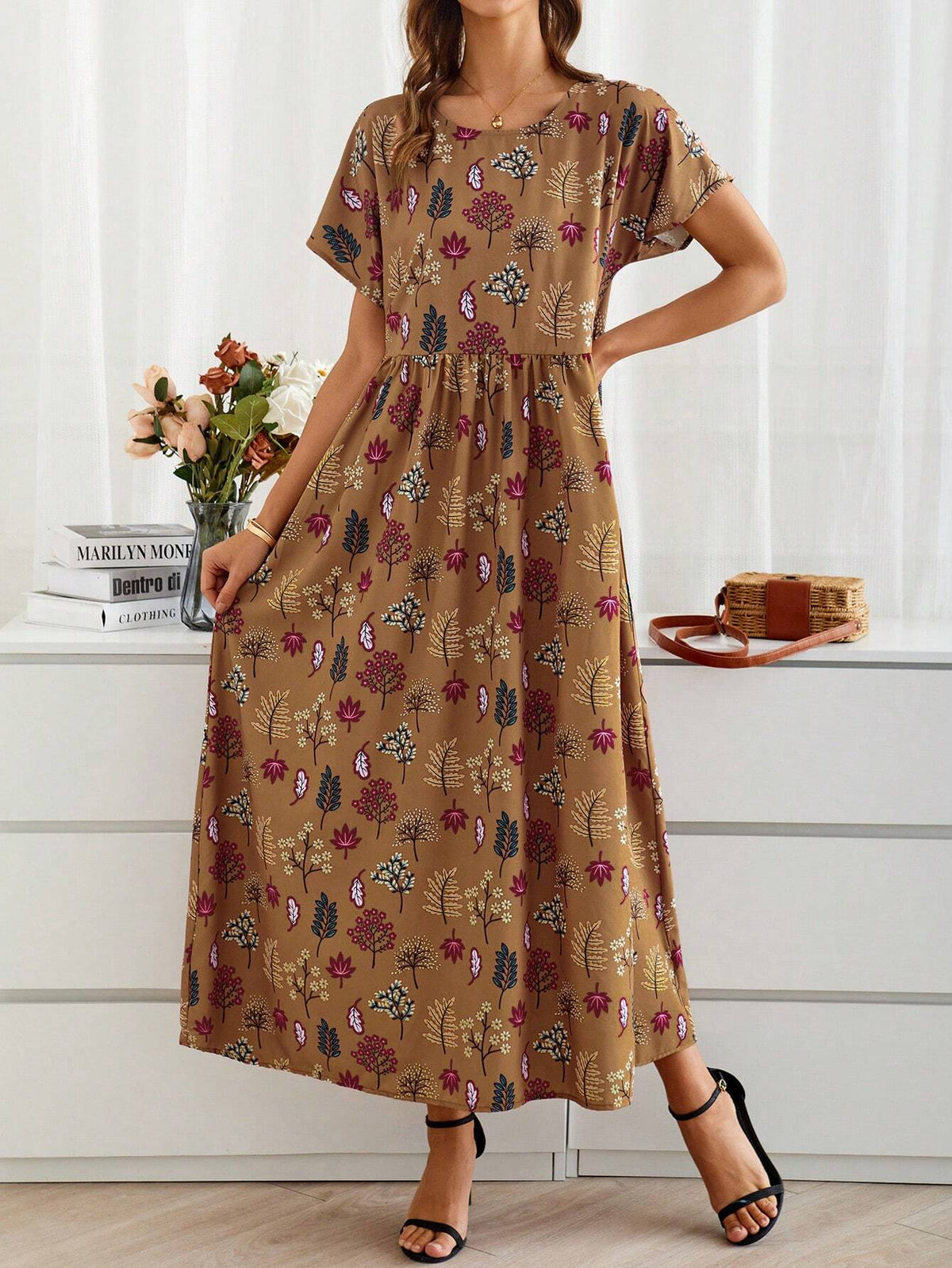 EMERY ROSE Women's Summer Long Loose-Fitting Round Neck Short-Sleeve Dress With Plant Print