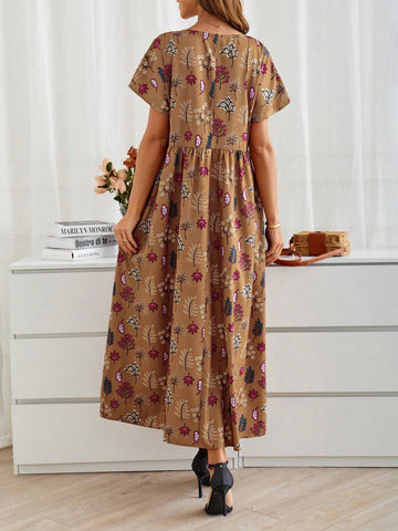 EMERY ROSE Women's Summer Long Loose-Fitting Round Neck Short-Sleeve Dress With Plant Print