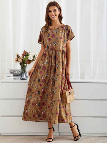 EMERY ROSE Women's Summer Long Loose-Fitting Round Neck Short-Sleeve Dress With Plant Print