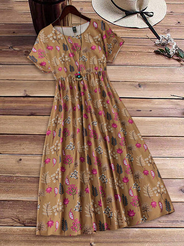 EMERY ROSE Women's Summer Long Loose-Fitting Round Neck Short-Sleeve Dress With Plant Print
