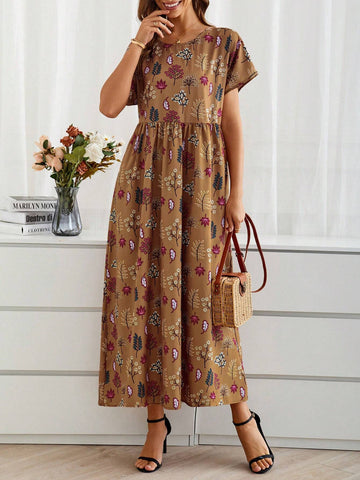 EMERY ROSE Women's Summer Long Loose-Fitting Round Neck Short-Sleeve Dress With Plant Print