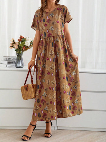 EMERY ROSE Women's Summer Long Loose-Fitting Round Neck Short-Sleeve Dress With Plant Print