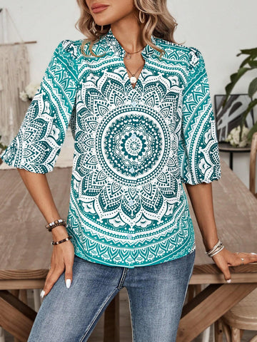 EMERY ROSE Women's Summer Mandala Printed Notched Collar Vacation Shirt