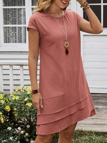 EMERY ROSE Women's Summer Multi-Hem Round Neck Short Sleeve Dress