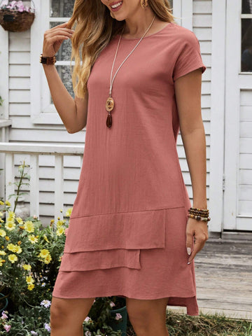 EMERY ROSE Women's Summer Multi-Hem Round Neck Short Sleeve Dress
