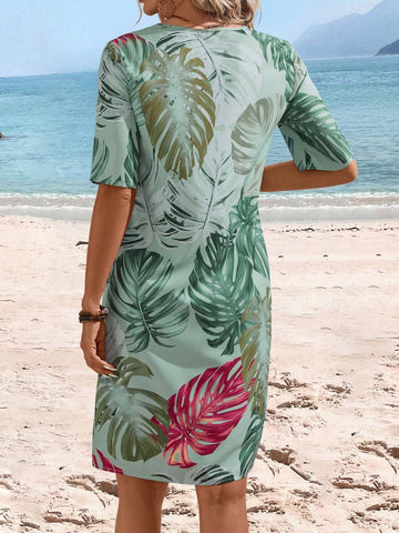 EMERY ROSE Women's Summer Notched Neck Plant Printed Casual Short Sleeve Dress