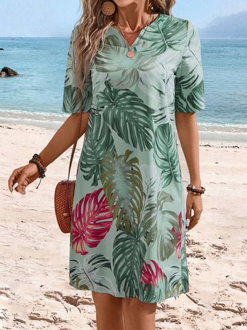 EMERY ROSE Women's Summer Notched Neck Plant Printed Casual Short Sleeve Dress