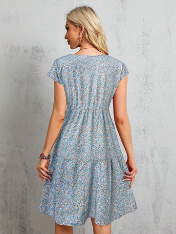 EMERY ROSE Women's Summer Red Short-Sleeve Batwing Sleeve Floral Midi Dress