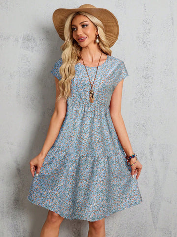 EMERY ROSE Women's Summer Red Short-Sleeve Batwing Sleeve Floral Midi Dress