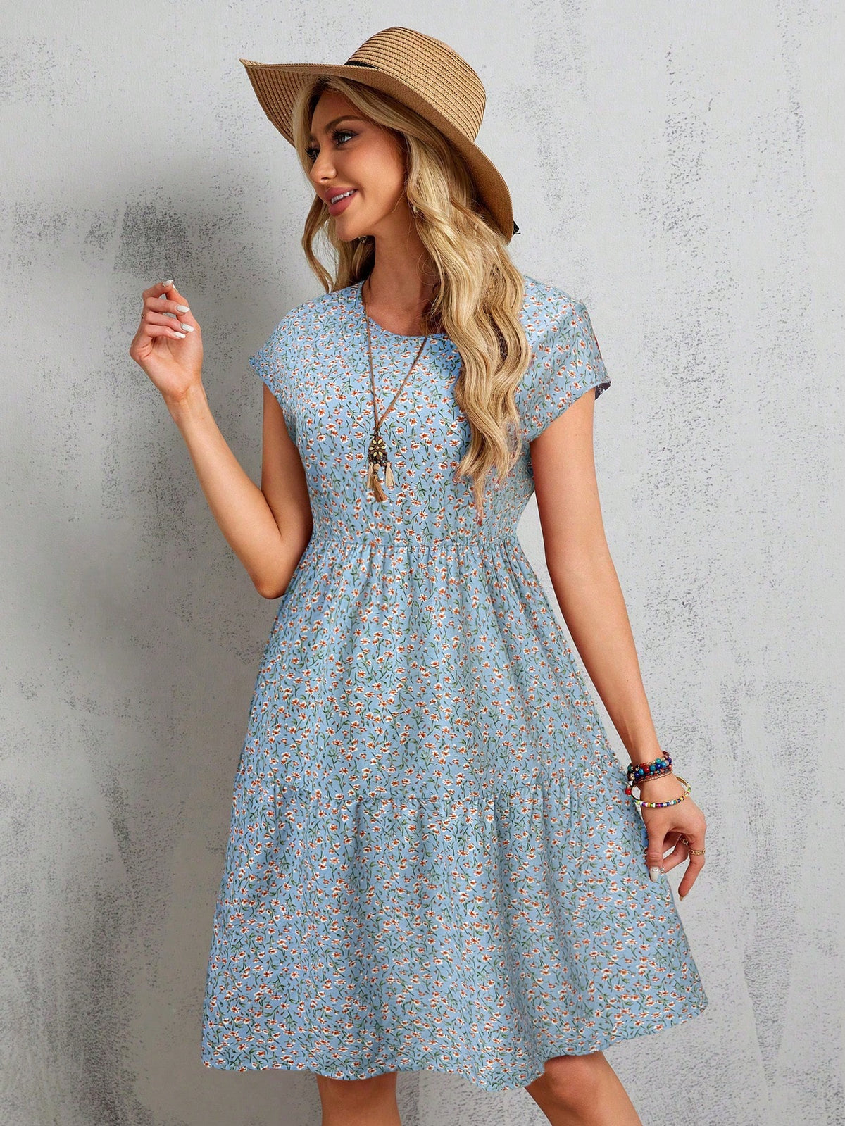 EMERY ROSE Women's Summer Red Short-Sleeve Batwing Sleeve Floral Midi Dress