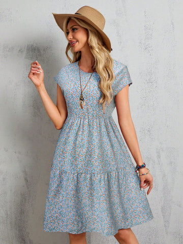 EMERY ROSE Women's Summer Red Short-Sleeve Batwing Sleeve Floral Midi Dress