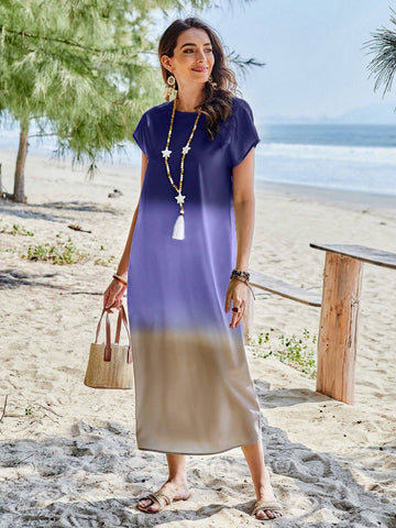 Women's Summer Round Neck Batwing Sleeve Casual Tie-Dye Dress With Pockets