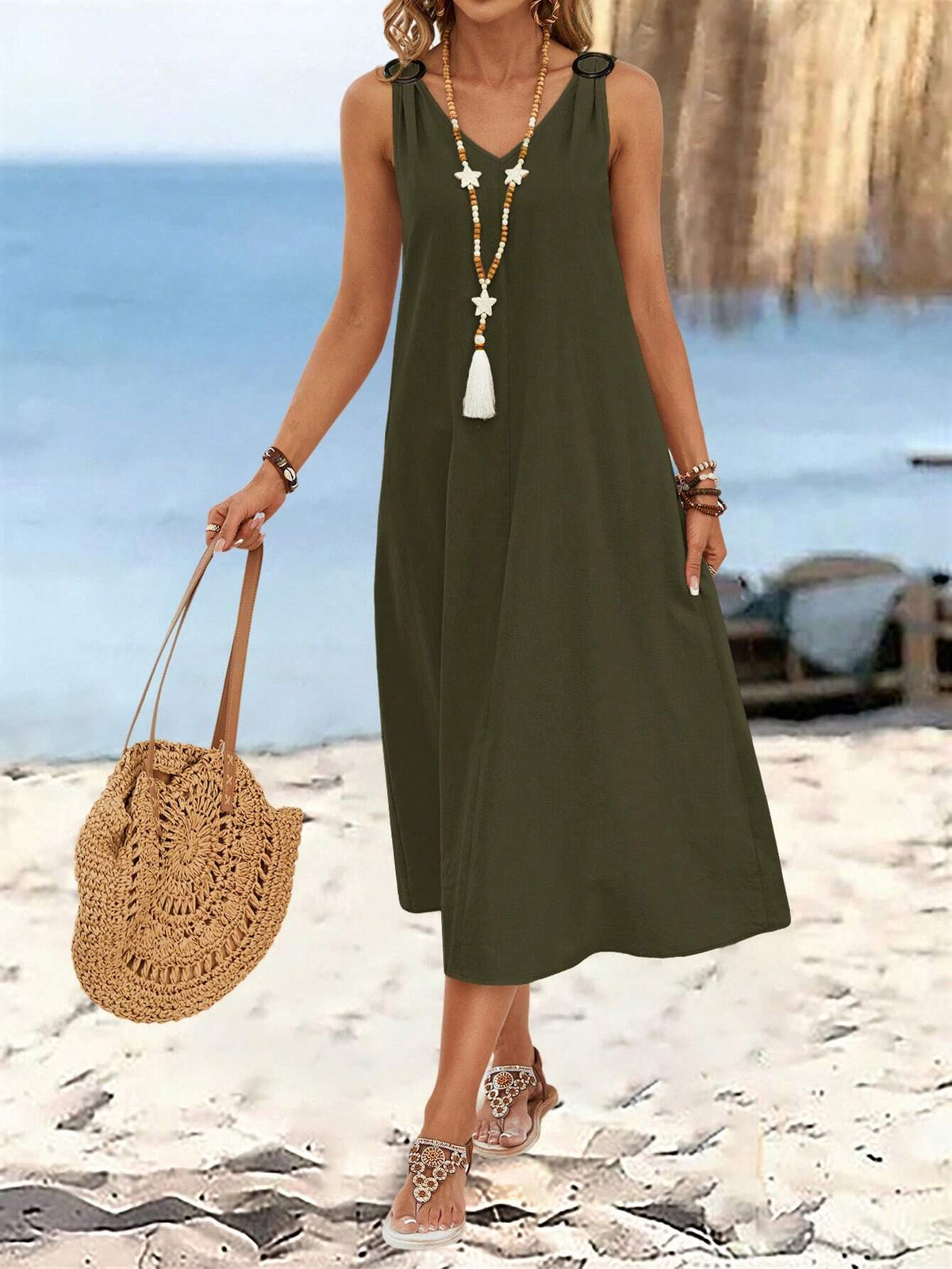 EMERY ROSE Women's Summer Solid Color Circular Ring Buckle V-Neck Sleeveless Long Dress