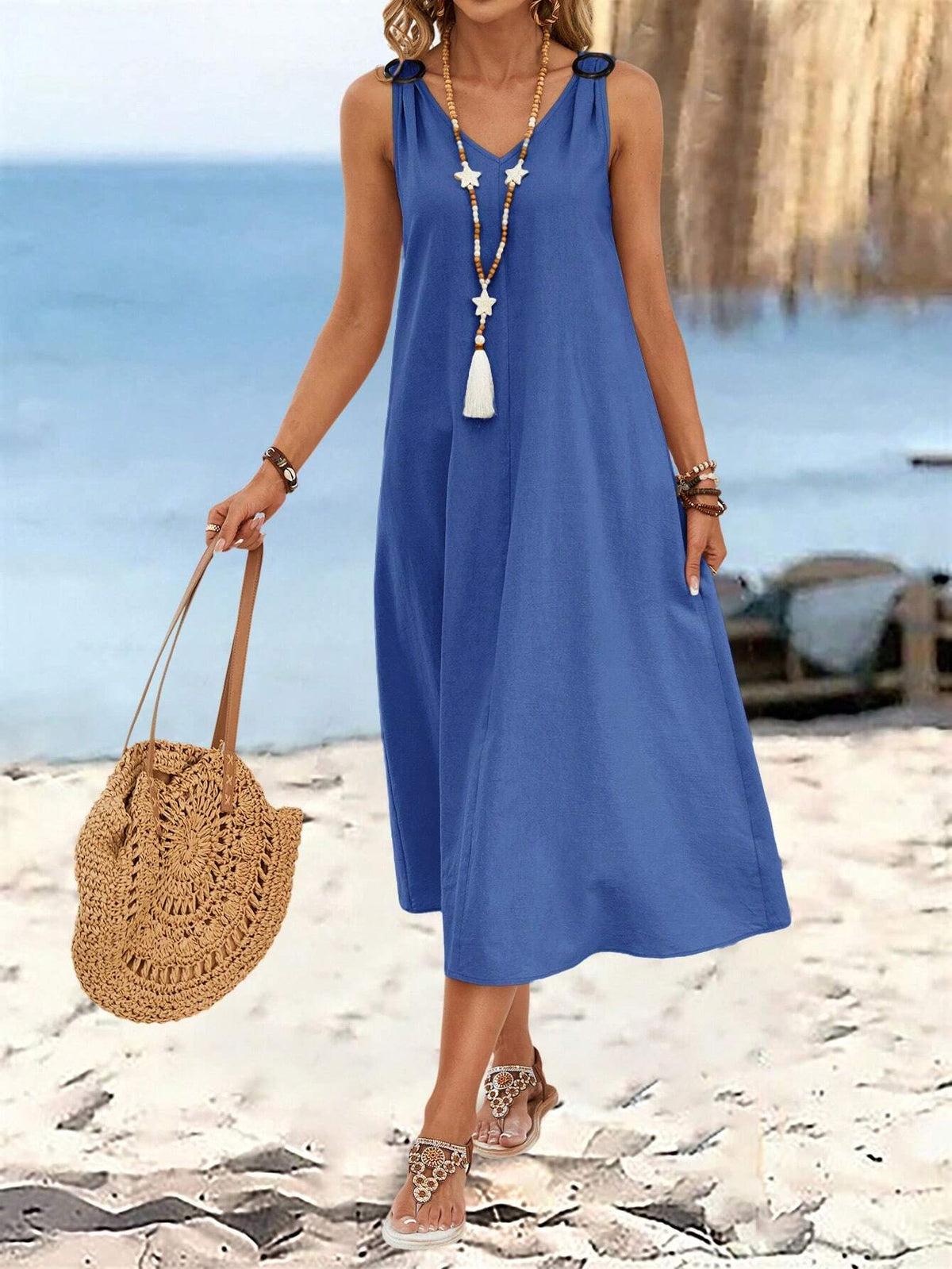 EMERY ROSE Women's Summer Solid Color Circular Ring Buckle V-Neck Sleeveless Long Dress