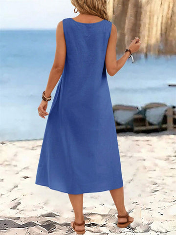 EMERY ROSE Women's Summer Solid Color Circular Ring Buckle V-Neck Sleeveless Long Dress
