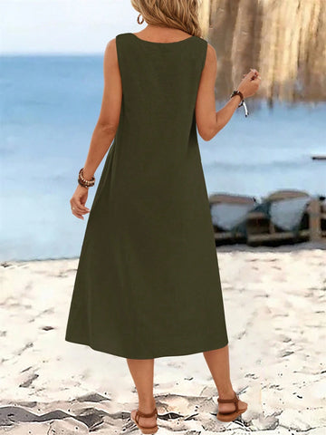 EMERY ROSE Women's Summer Solid Color Circular Ring Buckle V-Neck Sleeveless Long Dress