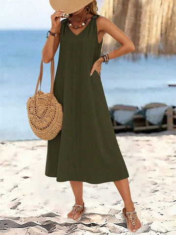 EMERY ROSE Women's Summer Solid Color Circular Ring Buckle V-Neck Sleeveless Long Dress